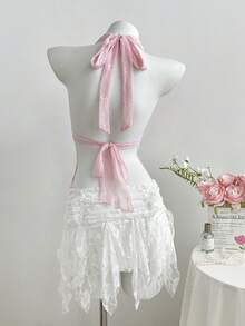 Flirla Women's V-Neck Backless Pastal Textured Beaded Tassel Halter Top Fairy-Core Summer Holiday Tea Party Golf Beach Vacation Birthday Sexy - Pink - View 2