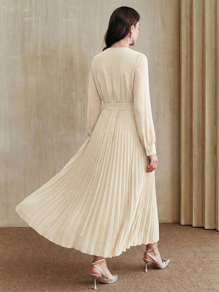 Women's V-Neck Pleated Long Sleeve Casual Dress, Suitable For Party, Business, Workplace, Spring/Summer