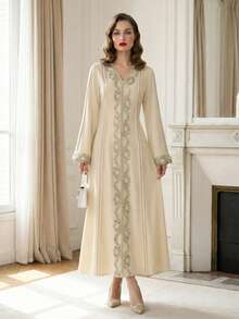 Suri Mira Áo choàng dài tay cổ chữ V rộng rãi, bèo nhún dành cho nữ, kiểu Abaya Thổ Nhĩ Kỳ, Kaftan Ả Rập. - Màu be - Xem 7