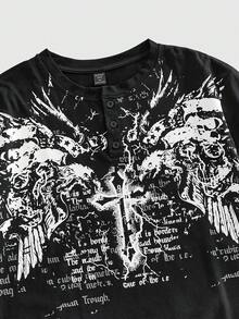 ROMWE MEN Goth 男士十字标语印花短袖休闲亨利领T恤 - 黑色 - 查看 2