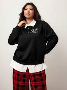 Enliva Plus Size Women's Colorblock Shirt Collar Sweatshirt And Red Plaid Pants Set, Christmas Pattern And Elastic Waist Details Set, Compatible With Apple Rounded Body Shape/2026 /New Year - Multicolor - View 3