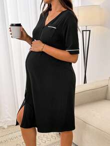SHEIN Maternity Front Button Short Sleeve Delivery Dress - Black - View 6