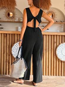 SHEIN Maternity Casual Solid V-Neck Sleeveless Wide Leg Jumpsuit - Black - View 2
