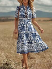 Wildy Đầm dài ngang gối phong cách Bohemian BOHO in họa tiết sứ xanh trắng, trang phục đi nghỉ hè cho nữ, trang phục giáo viên cho nữ, quần áo Boho cho nữ - Màu xanh lam - Xem 3