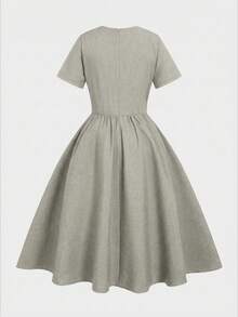 Sweetra Plus Size Women Solid Color Short Sleeve Button Design Dress - Beige - View 2