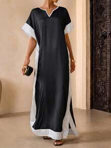 Vesra 女士撞色V领短袖休闲宽松长裙 - 黑與白 - 查看 5