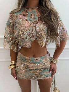 Solivie Chân váy midi thời trang cạp cao đính hoa dành cho nữ - Nhiều màu - Xem 7