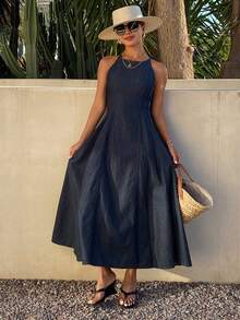 DAZY 女士优雅水洗牛仔圆领无袖连衣裙，夏季婚礼宾客礼服，女士长款连衣裙 - 中等水洗藍 - 查看 8