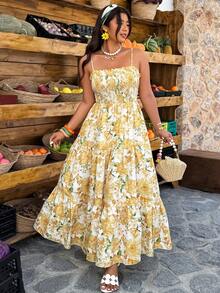 Weeklong Vestido de línea A con tirantes de espagueti, estampado floral y lazo en la cintura, elegante y casual para mujer de talla grande, primavera/verano - Multicolor - Ver 4