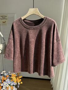 Comfortcana Plus Size Brown Washed Snow Flake Short Sleeve T-Shirt, Summer Holiday Smart Casual - Coffee Brown - View 5