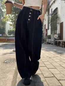 女士时尚毛边直筒宽松休闲牛仔裤 - 藍色 - 查看 4