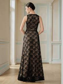 Anewsta Nuevo vestido de encaje de estilo francés elegante con cuello redondo, sin mangas con diseño plisado, decoración con botones metálicos, vestido de encaje con drapeado exquisito para eventos formales de verano - Negro - Ver 2