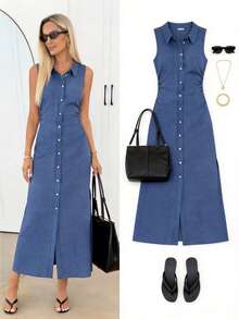 Easowa 女士单排扣长连衣裙，休闲服装 - 藏蓝色 - 查看 3