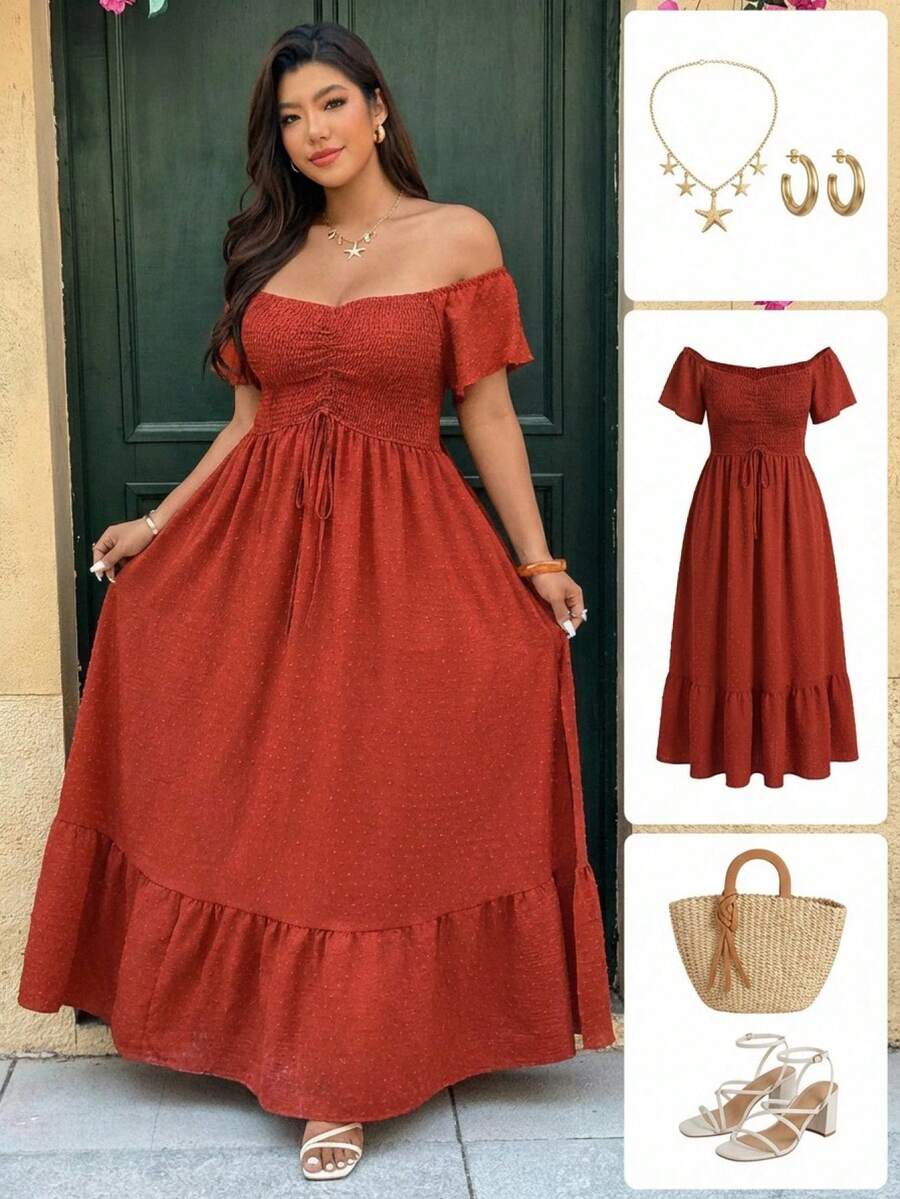 Vionelle Đầm maxi dáng chữ A trễ vai tay ngắn xếp ly xẻ tà, chất liệu jacquard hai tông màu thanh lịch dành cho nữ cỡ lớn, thích hợp cho mùa xuân/hè. - trái cam - Xem 1