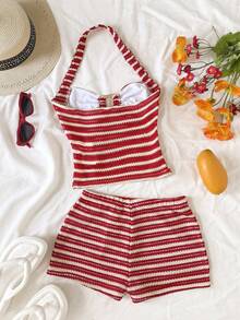 SHEIN Teen Girl Casual Everyday Comfortable Striped Camisole And Shorts Set - Red - View 2