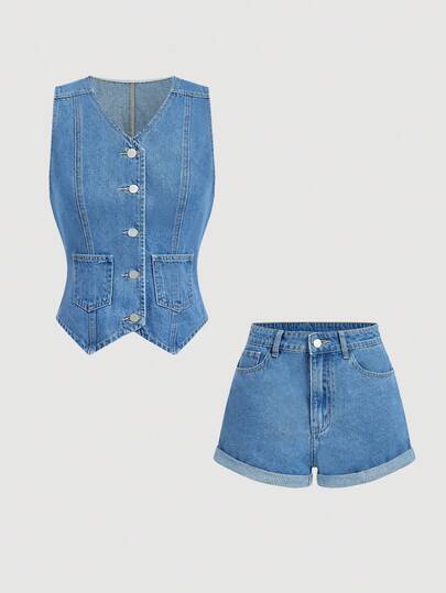Sweetra Bộ đồ denim nữ màu trơn tối giản gồm áo không tay và quần short.