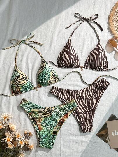 Swim Mod 4pcs/Set New Multicolor Floral + Colorful Shell & Starfish Metal Decor Twist Side High Cut Bikini Swimsuit Set, Beach Holiday For Women