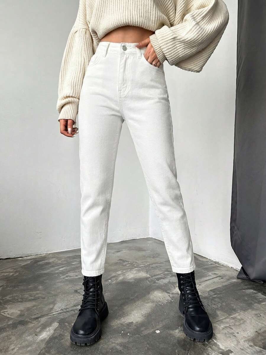 EURMUSE 100%Cotton Slim Fit Denim Jeans With Slant Pockets - White - View 1