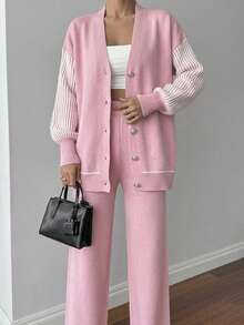 EURMUSE Casual Colorblock Striped Cardigan And Knit Pants Set, Autumn/Spring - Baby Pink - View 4