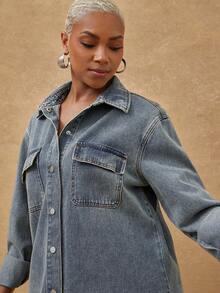 Vixey Casual Long Sleeve Pointed Collar Button Up Denim Dress - Medium Wash - View 5