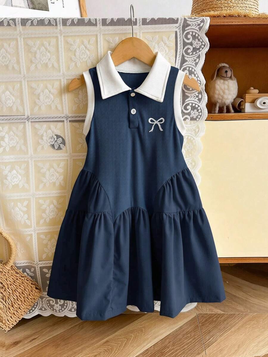Genkimix Kids Genkimix 女孩可愛蝴蝶結刺繡襯衫領前開扣抓皺下擺休閒無袖洋裝 - 寶藍色 - 查看 1