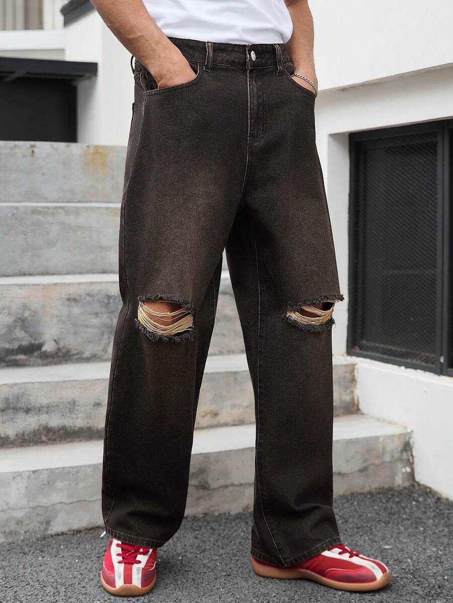 GALLERY FADE Men's Luxury Casual Straight Leg Pants With Distressed Design In Earth Tones - Black - View 1