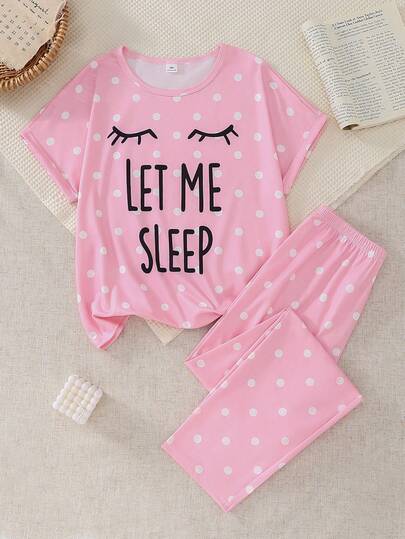 Conjunto de pijama informal de 2 piezas con top de manga corta con estampado de pestañas y lunares, y pantalones holgados para niñas preadolescentes