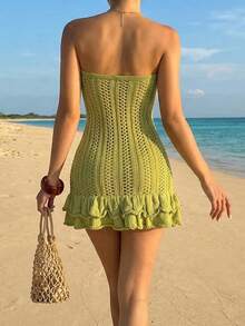 Elamini Women's Green Fashionable Versatile Beach Vacation Style Knitted Cropped Dress, Summer - Green - View 2