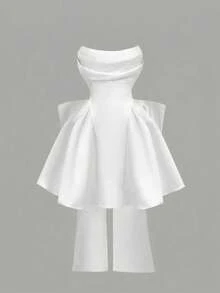 SHEIN MOD 缎面修身无肩带蝴蝶结装饰短裙 - 白色 - 查看 2