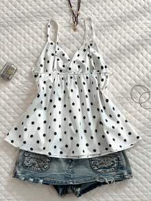 Glimmora 女士波点褶皱休闲百搭日常吊带背心 - 白色 - 查看 2