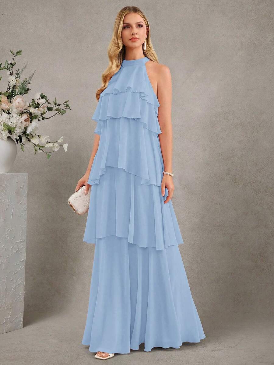 Amorya Đầm dài xếp tầng màu hồng thanh lịch dành cho nữ, kiểu dáng yếm, thích hợp cho kỳ nghỉ hè. - Màu xanh nhạt - Xem 1
