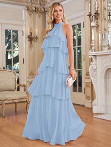 Vestido largo y fluido con cuello de halter y volantes en capas de color rosa elegante para vacaciones de verano - Celeste - Ver 2