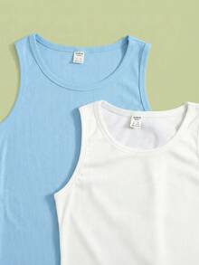 SHEIN Teen Girl Solid Color Blue & White 2 Pieces Camisole Set,Kids - Blue and White - View 3