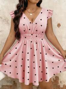 EMERY ROSE Plus Size Women's Spring/Summer Heart Print Cap Sleeve A-Line Dress, Pink Elegant Cute For Resort Wear, Casual Vacation - Pink - View 4