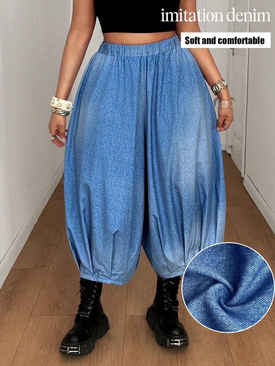 Maweii Quần ống rộng lửng cạp chun nữ, kiểu dáng đường phố, chất liệu denim dáng rộng, đa năng, phù hợp mặc hàng ngày, cỡ lớn, mùa xuân/hè/thu, quần nữ giả denim màu xanh dương, quần ống phồng, quần nữ giả denim, quần hè cho nữ - Màu xanh lam - Xem 1