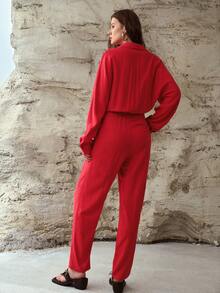 MOTF PREMIUM WOMEN'S LINEN FLOWY TASSEL WAIST TIE LOOSE JUMPSUIT, SPRING/SUMMER - Red - View 8