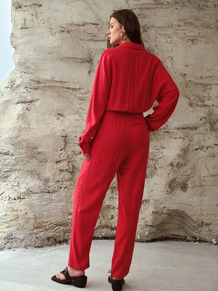 WOMEN'S LINEN FLOWY TASSEL WAIST TIE LOOSE JUMPSUIT, SPRING/SUMMER