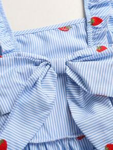 SHEIN Tween Girls' Casual Everyday Comfortable Fitted Striped Ruffle Hem Romper - Blue - View 4