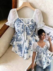 Elenzga Áo kiểu nữ thanh lịch, in họa tiết, thắt ngực, chất liệu lưới xuyên thấu, tay bồng, thích hợp mặc đi nghỉ mát, đi làm, mặc hàng ngày, công sở, dự tiệc ngoài trời, lễ hội âm nhạc. - Màu xanh lam - Xem 1