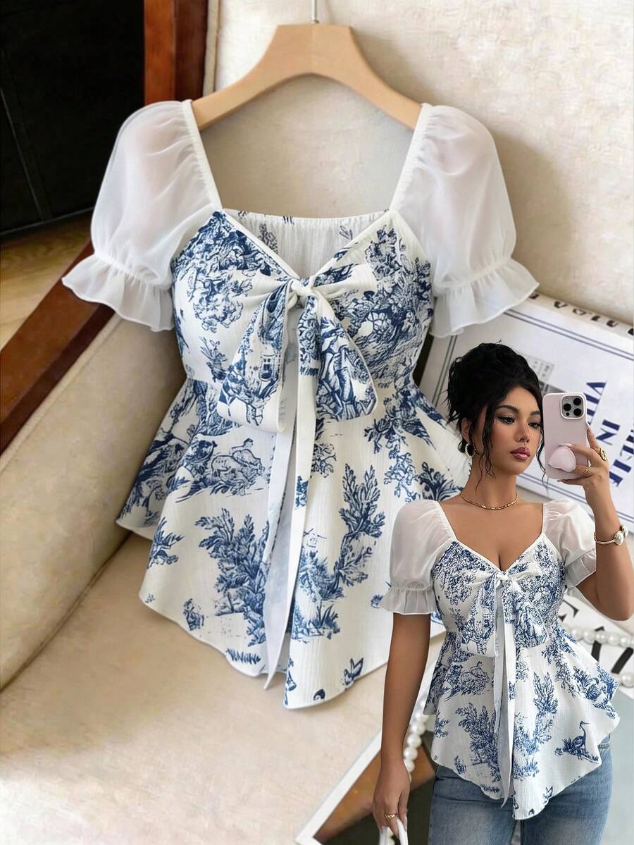 Elenzga Áo kiểu nữ thanh lịch, in họa tiết, thắt ngực, chất liệu lưới xuyên thấu, tay bồng, thích hợp mặc đi nghỉ mát, đi làm, mặc hàng ngày, công sở, dự tiệc ngoài trời, lễ hội âm nhạc. - Màu xanh lam - Xem 1