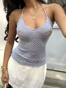 Sunnyshic Áo len nữ màu xanh dương gợi cảm, dễ thương, dây mảnh, cổ chữ V, khoét lỗ, thêu hoa, thích hợp mặc đi biển mùa hè. - Màu xanh lam - Xem 8