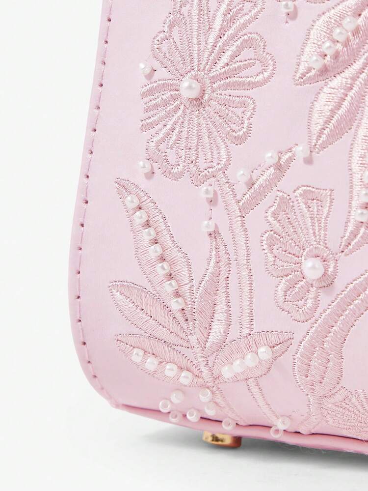 SHEIN Maija Bolsas de Alça Superior para Mulheres, Couro Sintético, Rosa, Bordado, Contas, Elegante, Simples, Personalizada, Versátil, Clássica, para Festa, Casamento, Encontro, Aniversário, Noite, Banquete