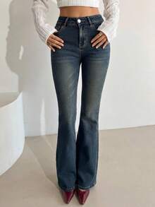 Aloruh Celana Jeans Kasual Musim Panas Wanita dengan Saku Miring, Musim Panas, Musim Semi, Liburan, Celana Jeans Flare Bbl Wanita, Celana Jeans Pinggang Rendah, Celana Jeans Flare Y2k - Biru - View 4