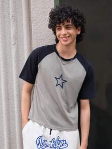 Open Phase 男士T恤圓領短袖短款圖案T恤，夏季休閒性感純棉 - 灰色 - 查看 3