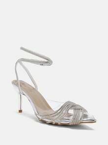 女士镶钻交叉绑带露趾高跟凉鞋，适合各种场合和春夏装扮 - 銀色 - 查看 4