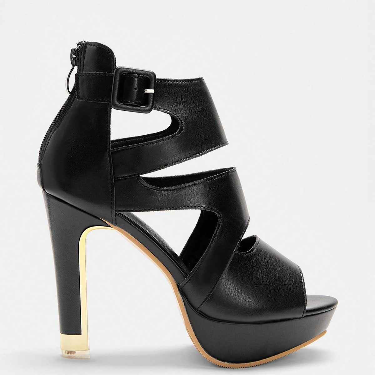 Sandalias con plataforma impermeable de tacón alto ancho con punta abierta y calado en color negro para mujer
