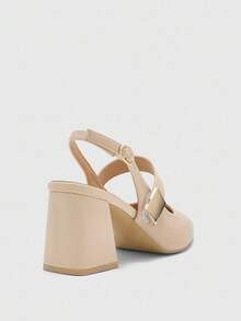 CUCCOO BIZCHIC 女士鞋履 春秋季尖头粗跟中跟杏色金属扣装饰女士露跟鞋 时尚经典简约通勤约会派对假日度假女士高跟鞋 - 奶茶杏 - 查看 8