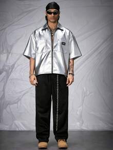 AXEPEAK 男士PU皮革字母刺绣宽松梭织短袖衬衫 - 銀色 - 查看 6