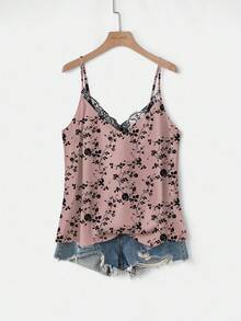 EMERY ROSE Plus Size Women Floral Print Contrast Lace Camisole - Orange - View 4