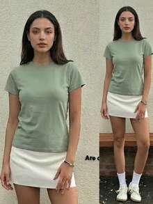 Fluxe 休闲纯色针织圆领短袖宽松百搭女式T恤 - 綠色 - 查看 3